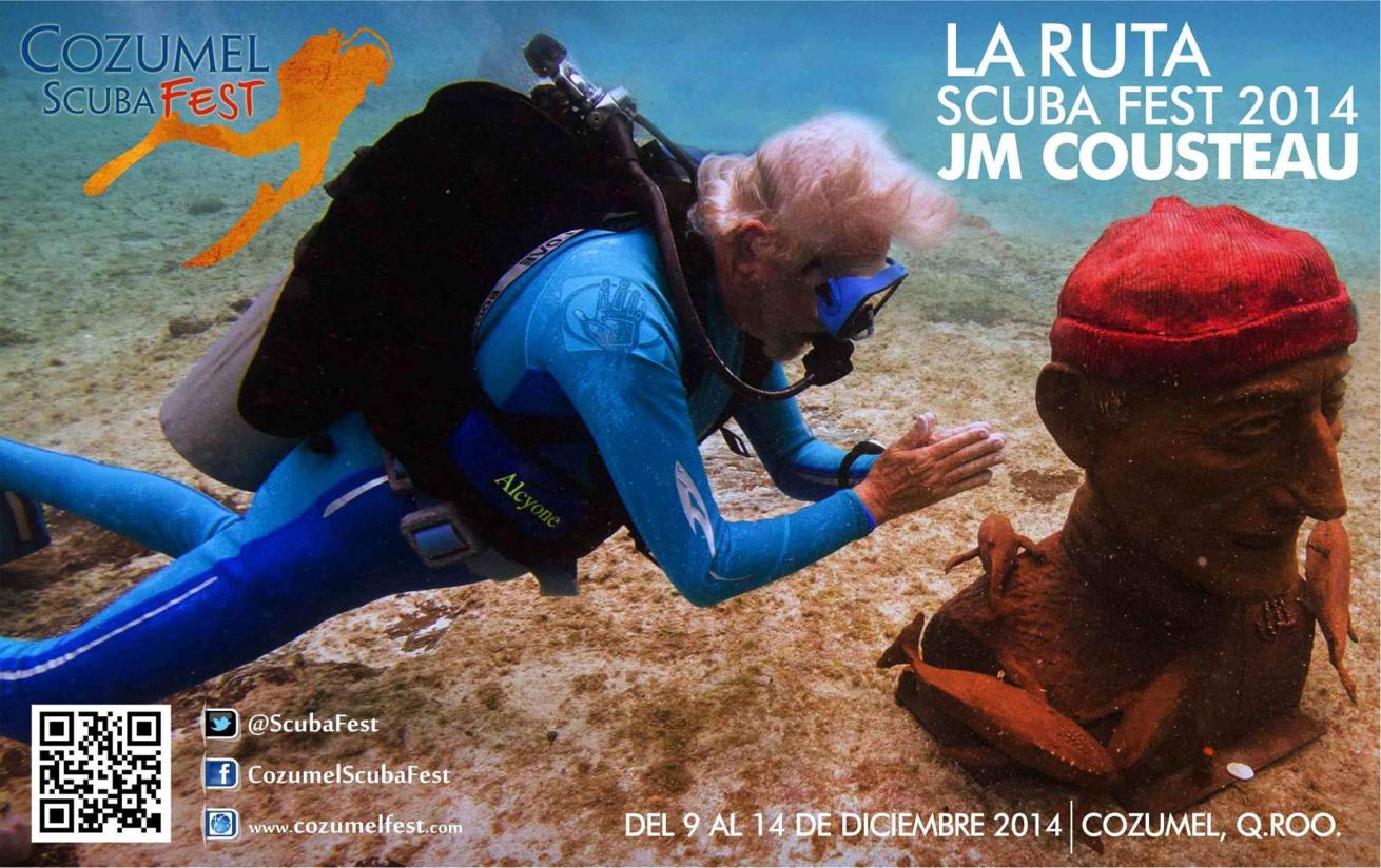 Jean-Michel Cousteau with a bust of Jacques-Yves Cousteau 