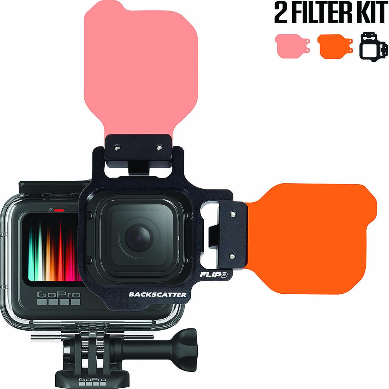 Pink and orange color filter stick off the lens of a small action camera