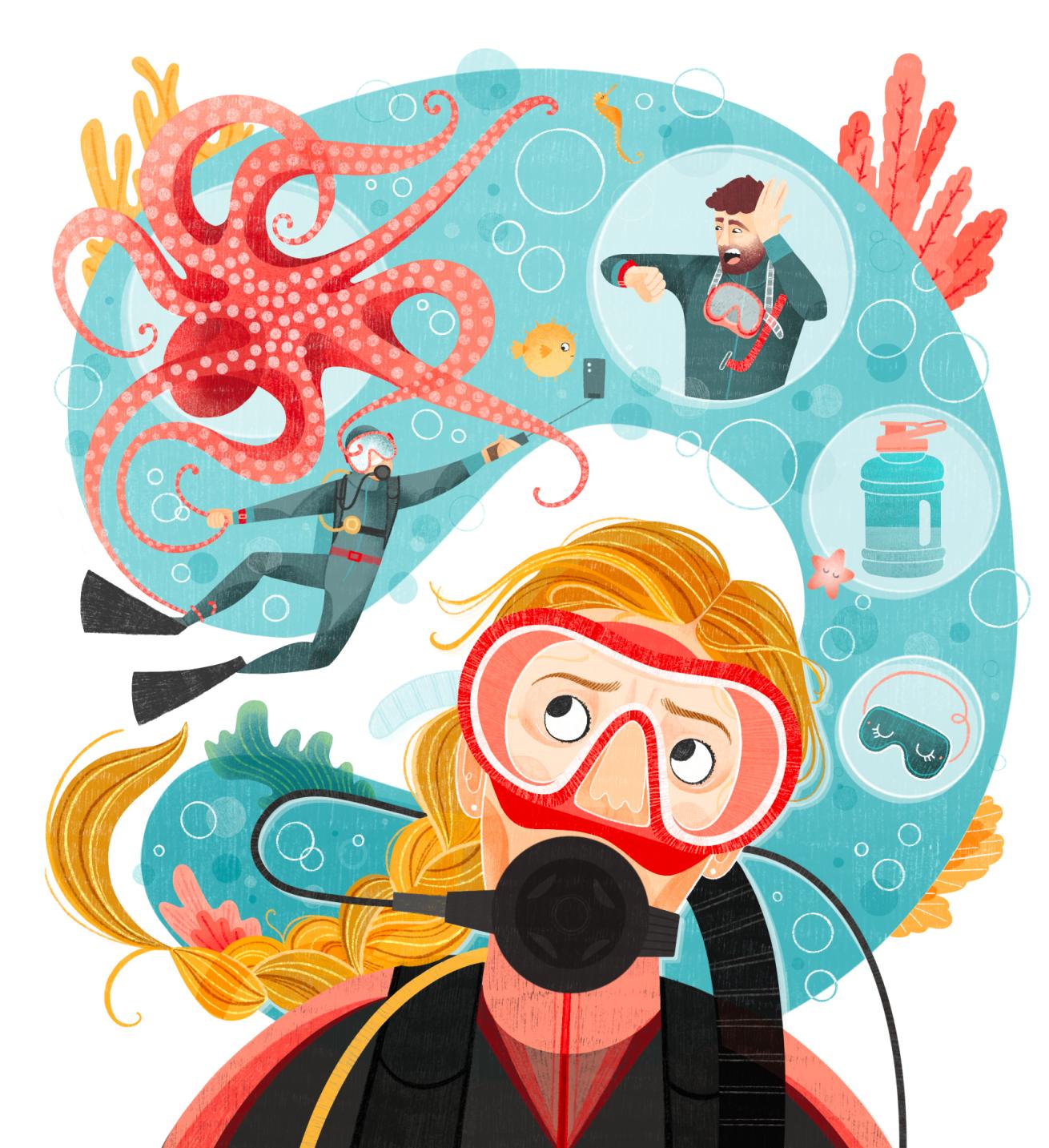 illustration of a young female diver looking worried, around the main diver is a smaller diver touching an octopus 
