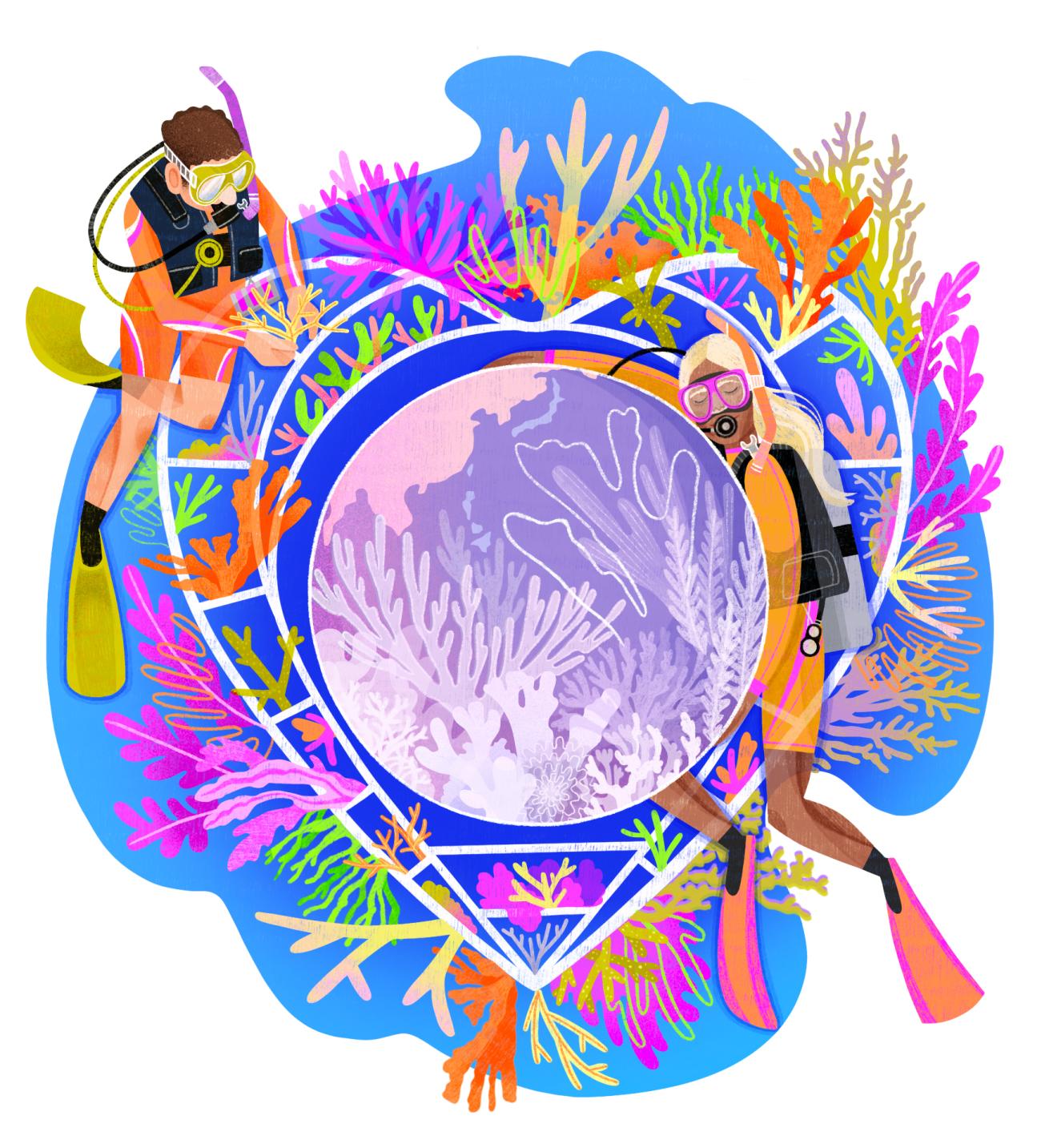 colorful illustration of divers and a heart filled with creative illustration of coral