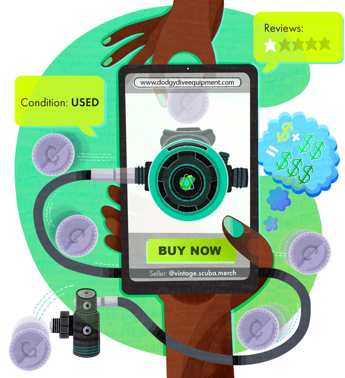 fun illustration of a hand scrolling through a phone looking at used dive gear