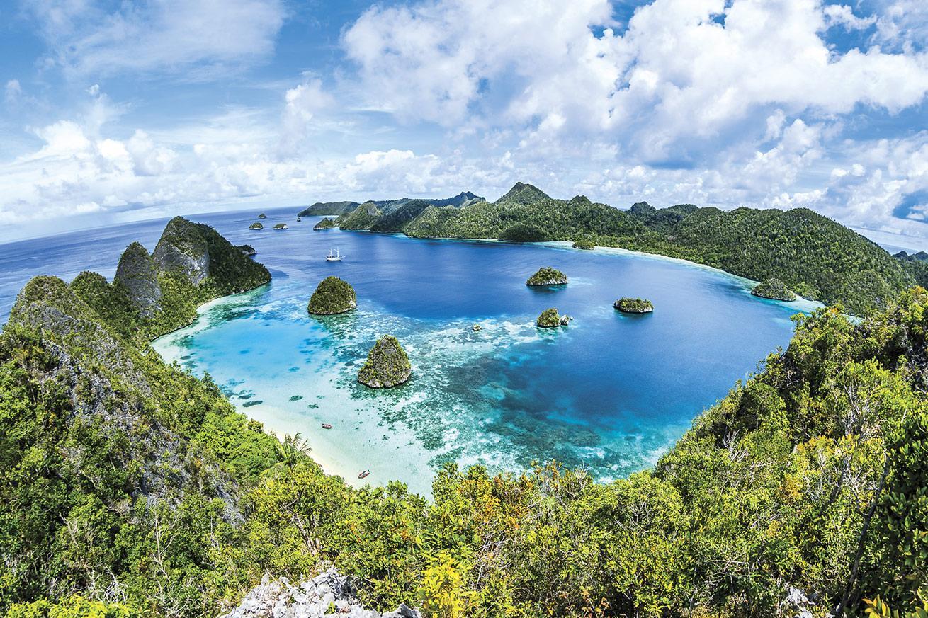 beautiful aerial  image of crystal blue water and lush forest in Raja Ampat