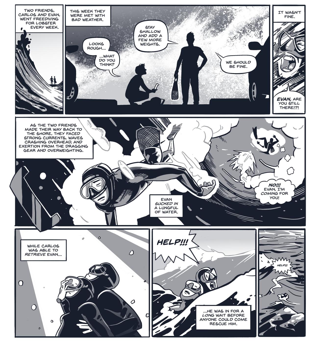 graphic story of a diver in bad weather 