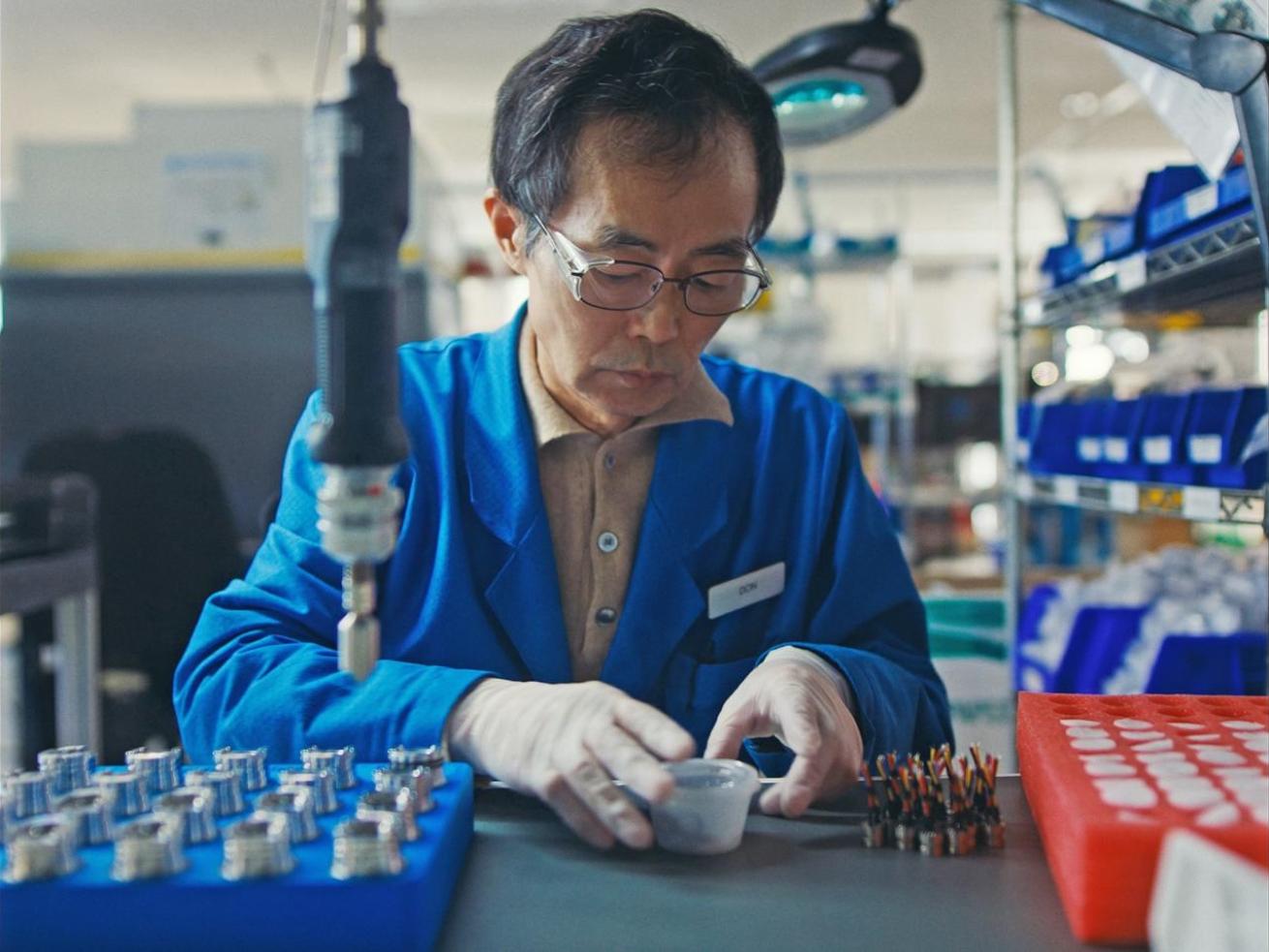 An assembler puts together the base of a Swift transmitter at Shearwater’s facility in British Columbia, Canada.
