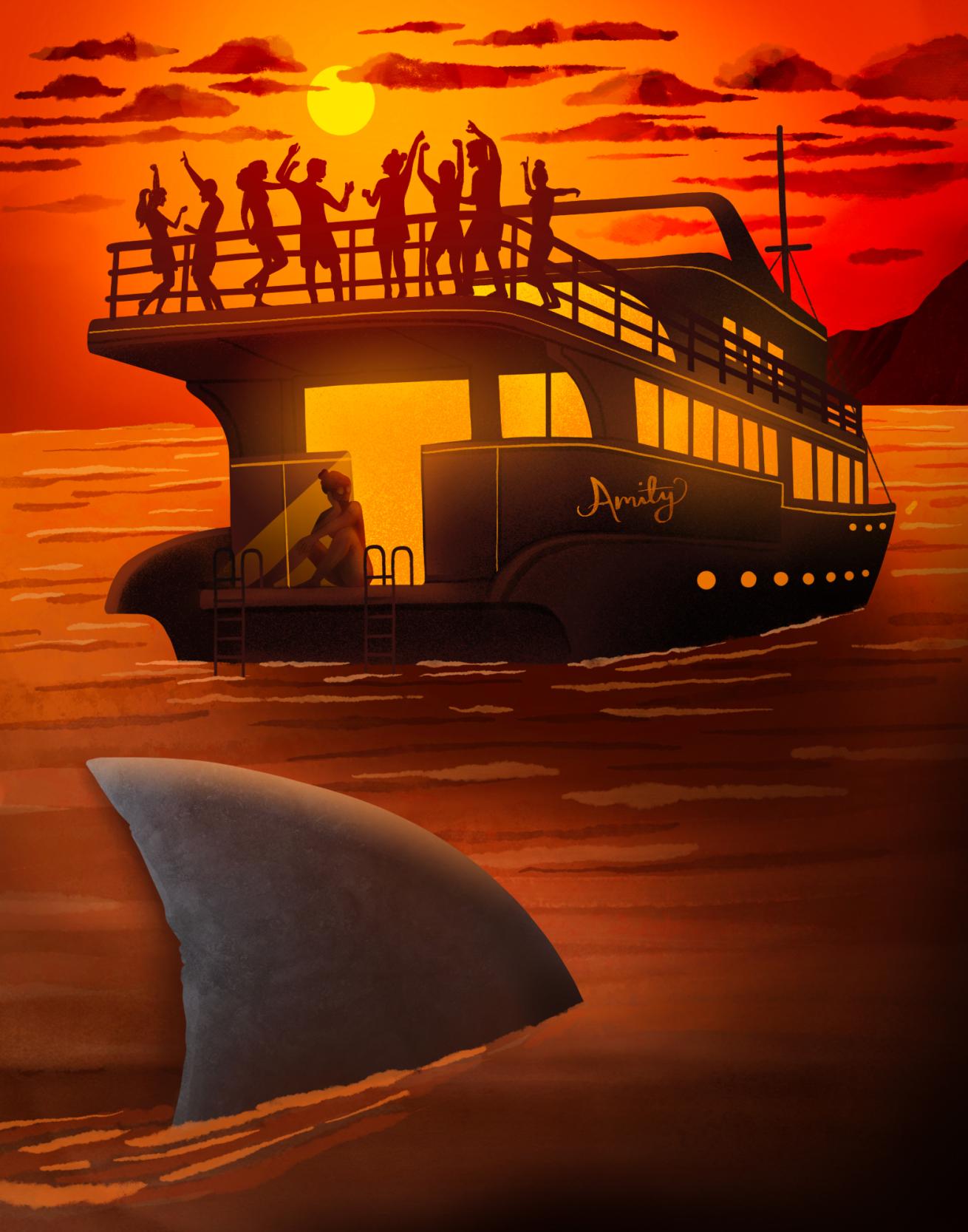 illustration of a shark fin on the water at sunset with people partying on the boat in the background