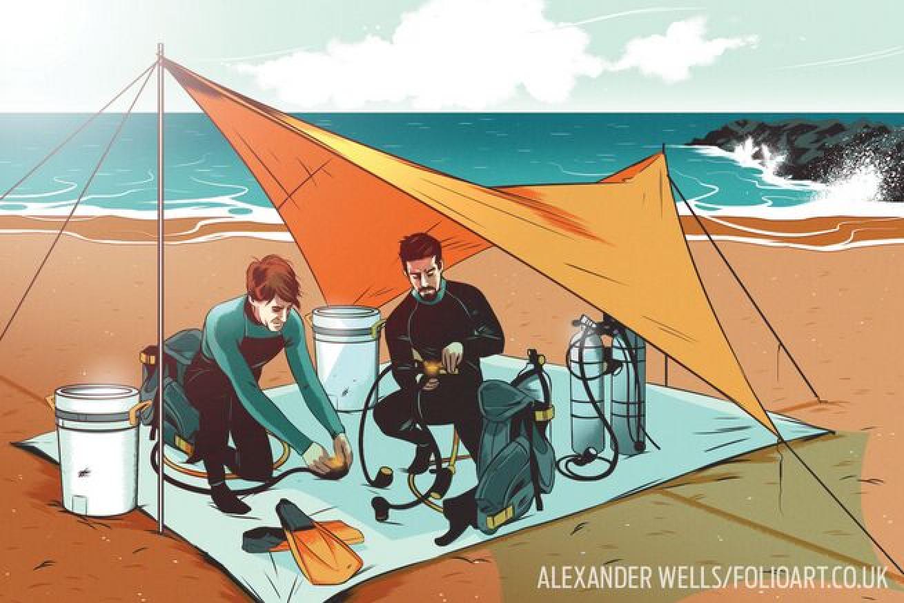 If you’re diving from a beach, gear up on a plastic tarp — it will help keep sand out of your wetsuit, reg, gauges and BC.