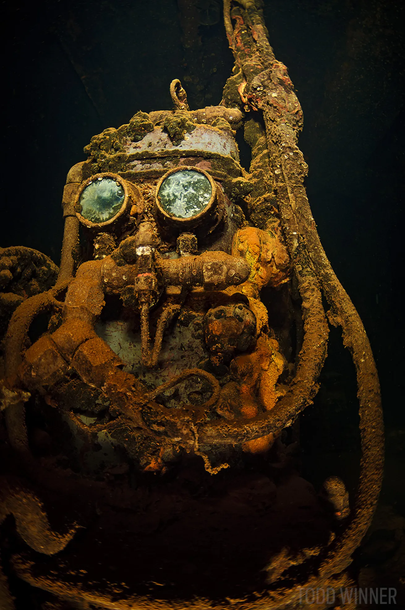 Fujikawa Maru mask underwater in Truk Lagoon, Chuuk
