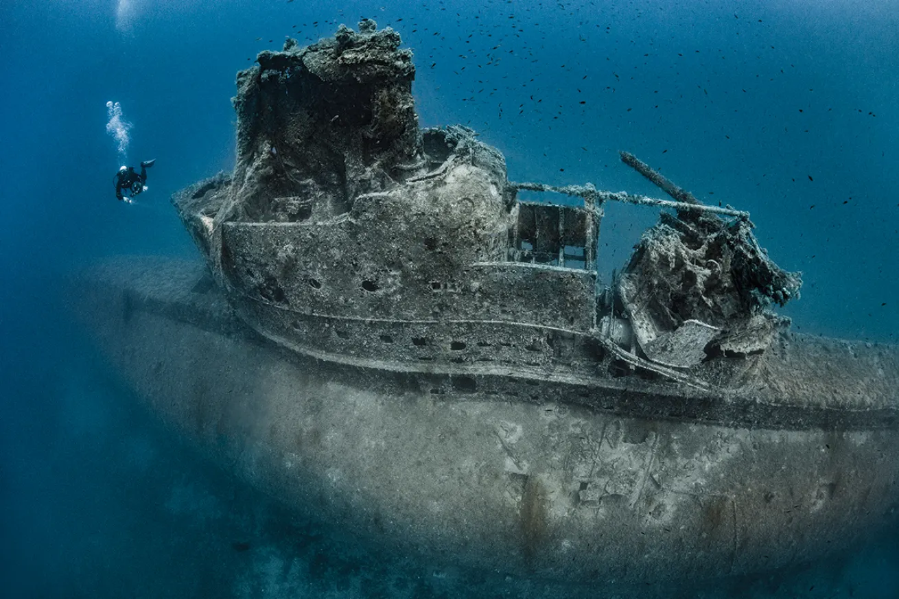 Diver swims near conning tower of the HMS Perseus.