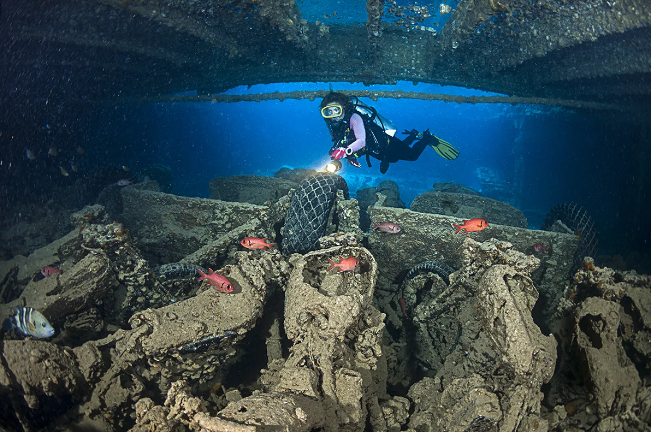 Diver swimming through a wreck underwater.