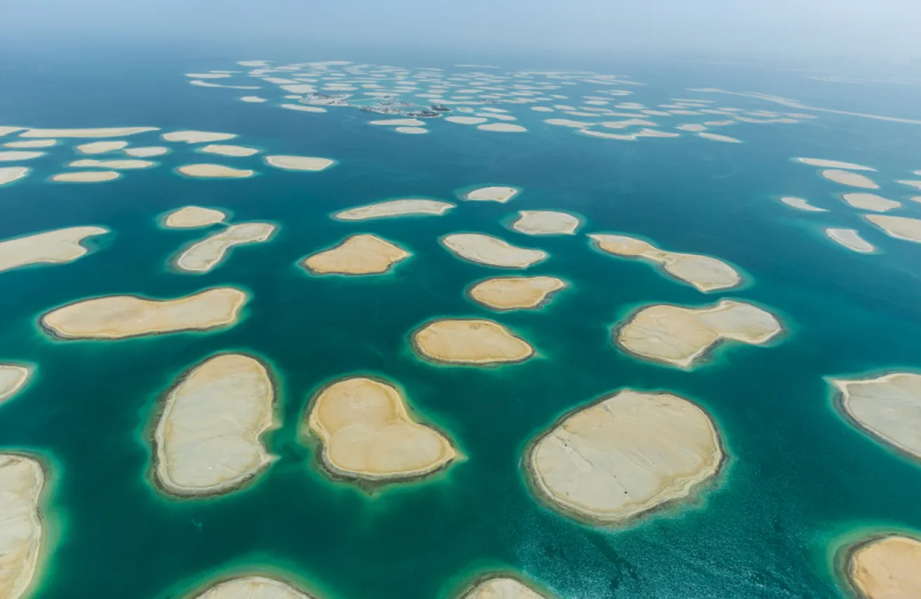 Aerial view of the artificial World Islands in Dubai, UAE.