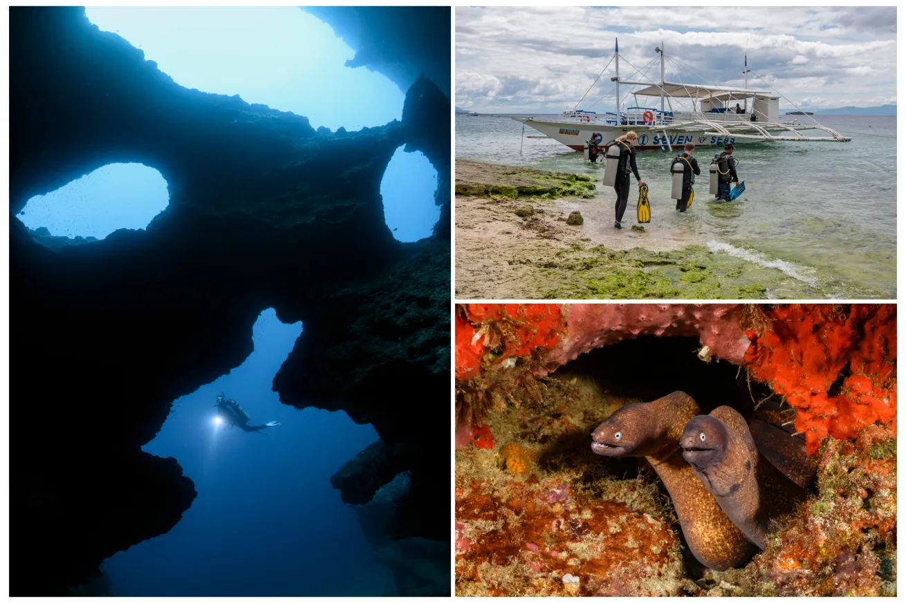 Clockwise from left: Skull Cave, Pescador Island; Shore divers enter the water at Panagsama Beach, with a traditional Filipino bangka dive boat in background; Two white-eyed moray eels cozy up together, sharing a lair at 50 feet.
