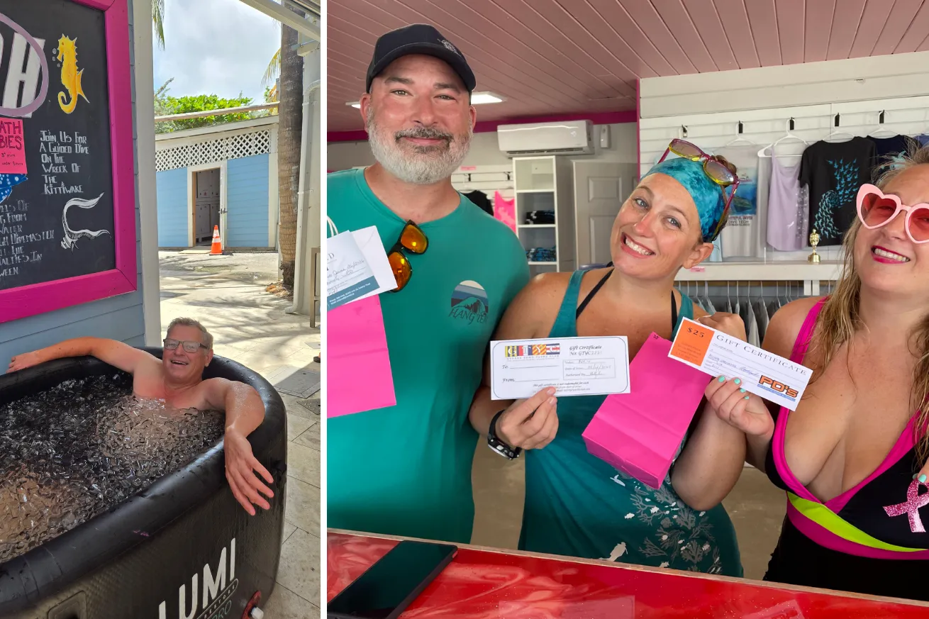 Man doing ice bath and winners with gift certificates 