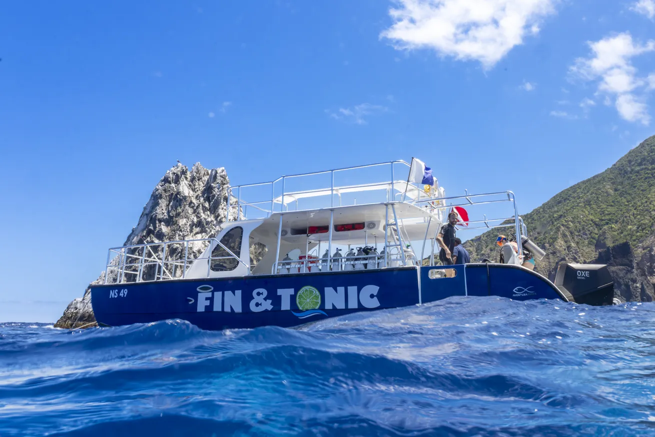 Sea Saba’s dive boat, with Diamond Rock in the background.