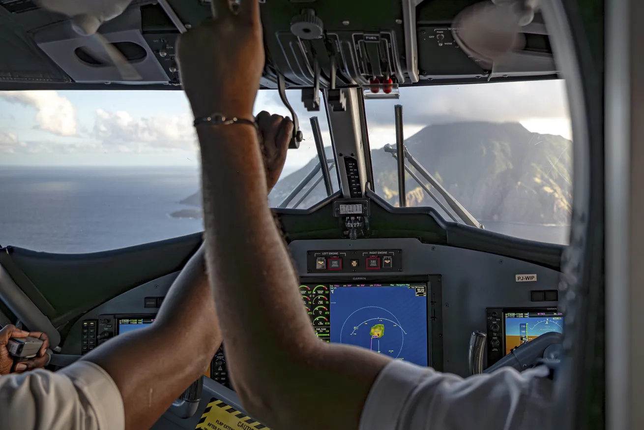 Winair pilots sight Saba and ready to land on the shortest commercial runway in the world.