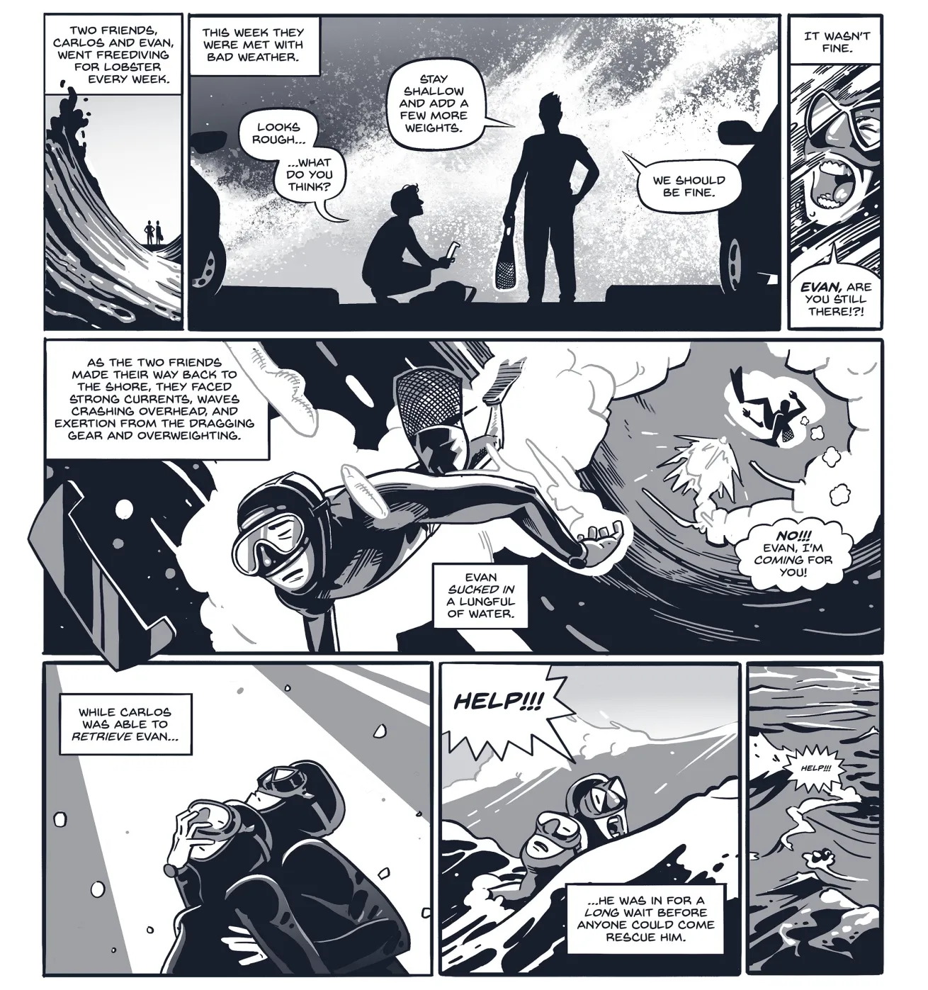 graphic story of a diver in bad weather 