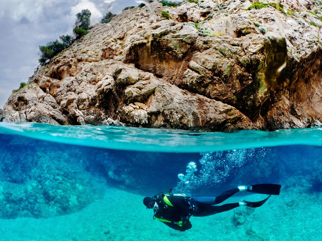 Scuba Diver Underwater Over Under Photo 