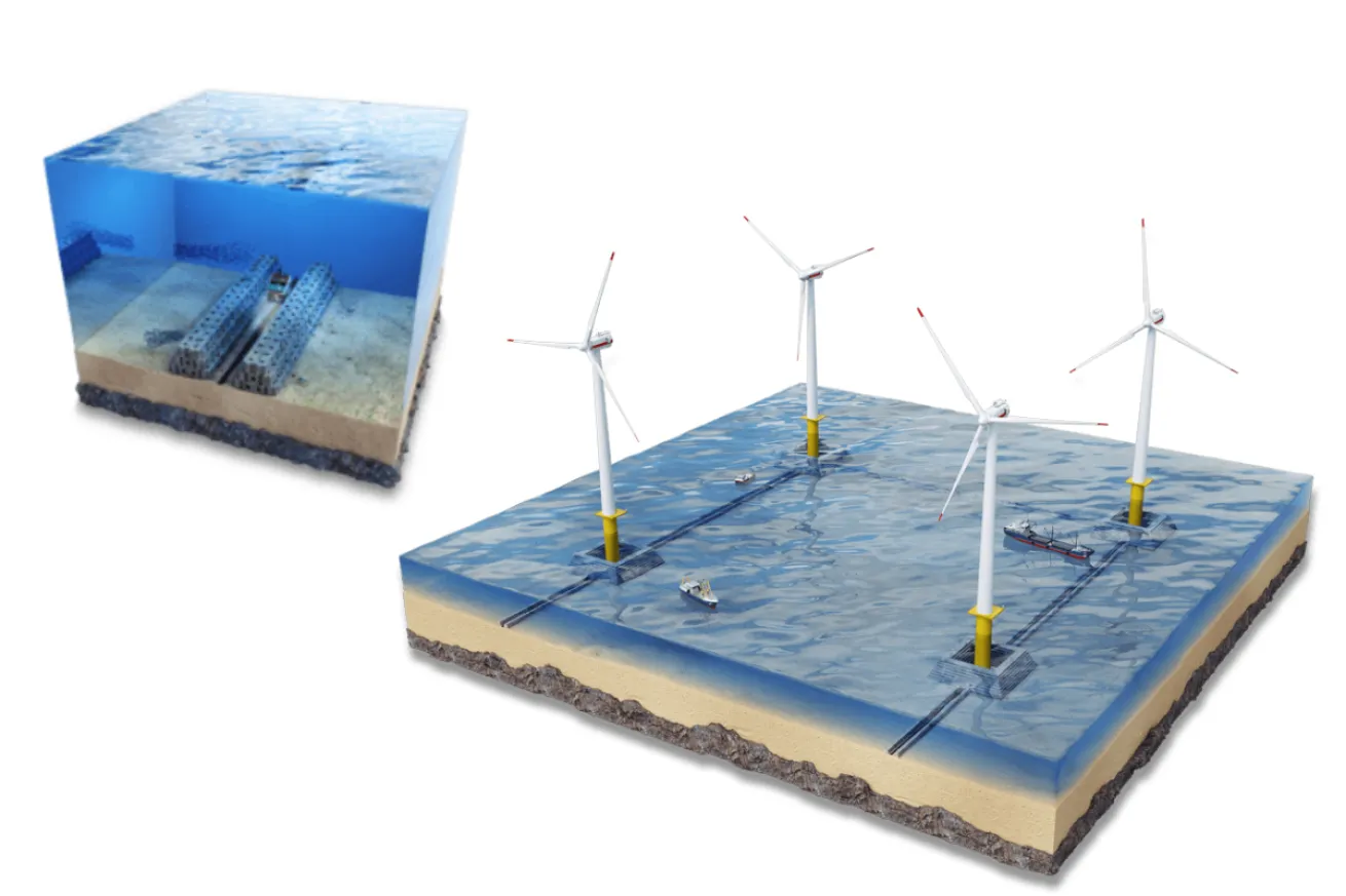 Illustration of an offshore wind farm built with Reef Cubes
