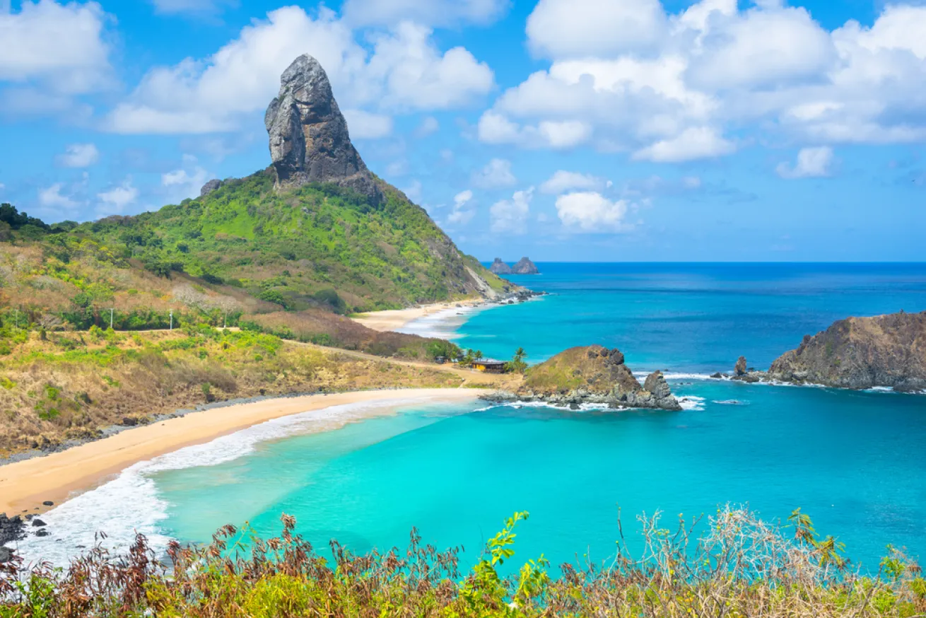 Beautiful view of Conceicao and Middle Beaches with Peak Hill (Morro do Pico) in the background, Fernando de Noronha Island - Brazil