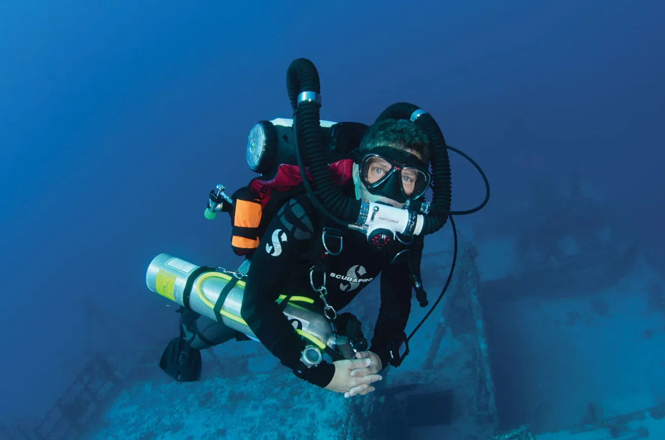 A diver using a rebreather